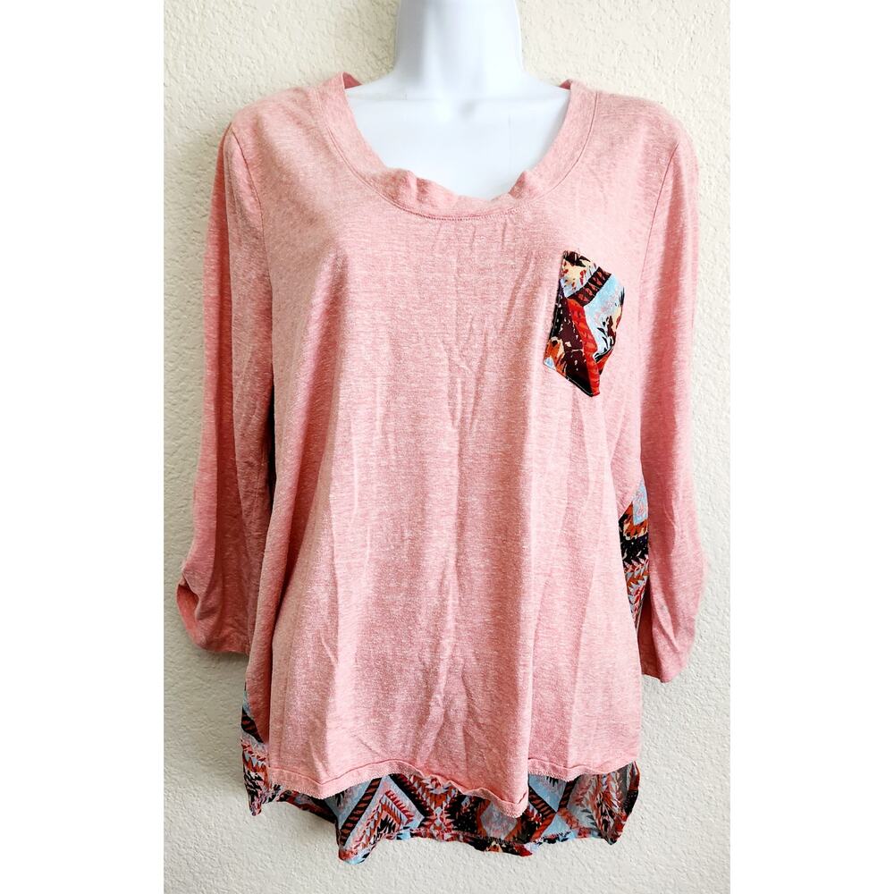 Liberty Love Orange Heathered Hi Low Hem Top 1XL Lightweight Roll Tab Sleeves